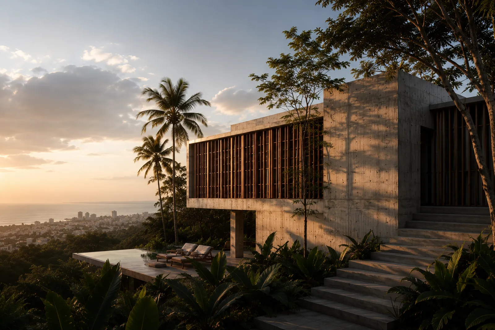 Contemporary concrete architecture in a tropical Accra landscape