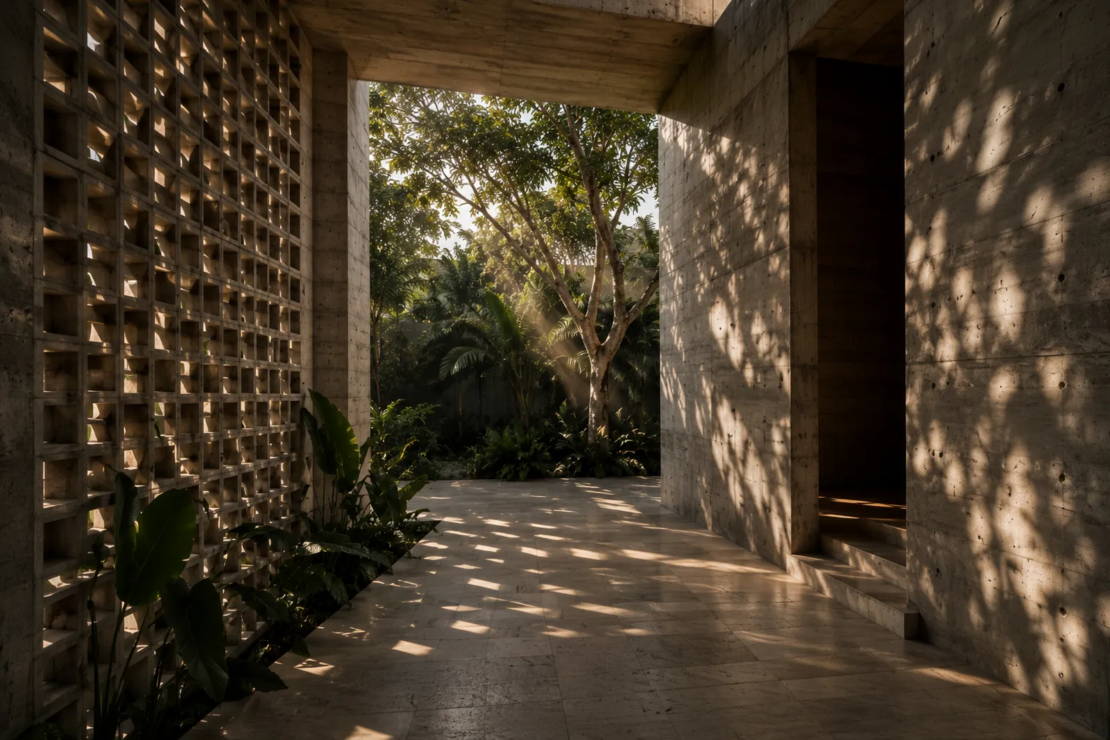 Concrete passage with screened sunlight and tropical vegetation